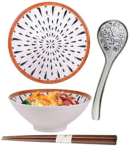 ZPPLD Bol Ramen Porcelaine,Bol Ramen Japonais, Bols à Soupes à Céréales,Bol Japonais CéRamique,1100ml Céramique Grand Bowls De Soupe, Saladiers,Bols à Pâtes avec Bol Soupe, Cuillère (Blanc-C)