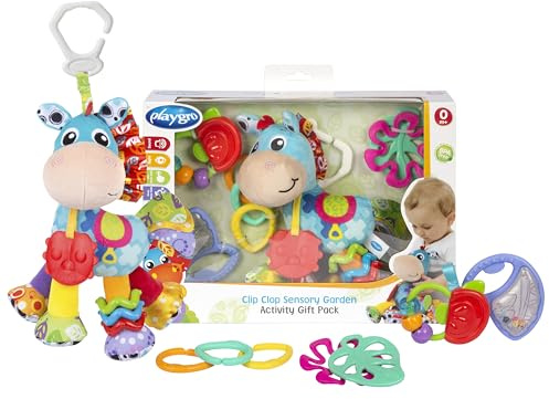 Playgro Clip Clop Sensory Garden Activity Gift Pack – sensorisches Gartenspiel für Babys ab 0 Monaten – interaktives Spielzeug mit Rasseln, Beißring und Kinderwagenfreund – 4 Stück