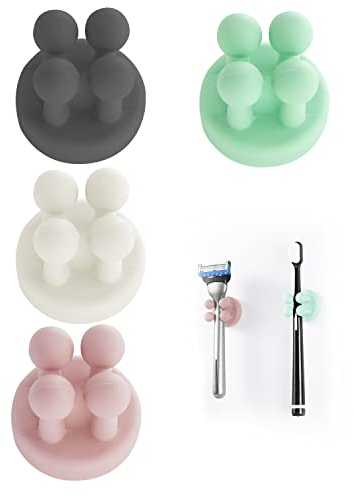 Zayin Silicone Toothbrush Zahnbürstenhalter Rasiererhalter Multifunktions-Haken Wasserdicht Selbstklebend Zahnbürstenhaken Stopfenhalter (4 Stück Schwarz, Weiß, Rosa, Grün)