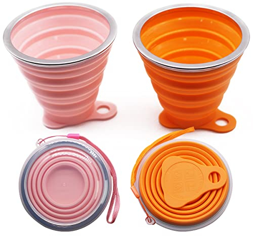 TENGYIF 2 Gobelets Pliables en Silicone, 270ml, Gobelets de Voyage Pliables en Silicone Avec Couvercle en Plastique le Voyage, la Randonnée, le Camping et le Pique-nique (Orange et Rose).