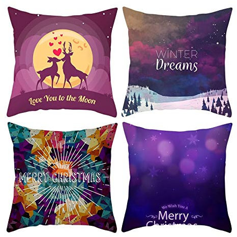 Lieson Kissenbezüge Weihnachten, Kissenbezüge Couch Deko Kissenhülle 45x45 4er Set Lila Hirsch Love You to The Moon, Polyester