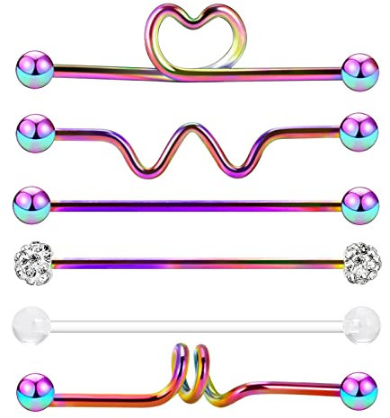 Longbeauty 6 Pcs Industrial Barbell Ohrring Edelstahl/Acryl Piercing Bars Set 14 Gauge Knorpel Ohrring Körper Piercing Stab 38mm Spule/Welle/Twister/Spirale/Herz, Bunt