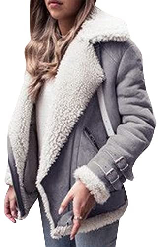 Yming Frauen Winter Vintage Jacke Faux Wildleder Lapel Mantel Outwear Warm Biker Motor Aviator Mantel Grau XXL