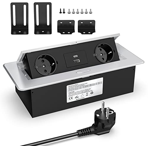 Versenkbare Steckdose mit USB C 20W, Tischsteckdose Einbausteckdose 2 Fach und USB A, Aluminium Versenkbar Steckdosenleiste mit USB, Tischplatte Versenkte Steckdose, 2500W/10A, 1.8M Kabel, HANNELORE