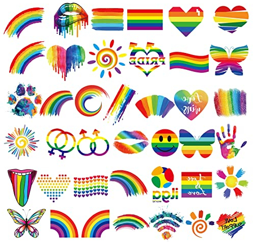AOMIG Tatuaggi Temporanei Pride, 40 Fogli Tatuaggi Pride Tatuaggi Temporanei LGBT Impermeabile, Adesivi Arcobaleno Set di Tatuaggi Temporanei Arcobaleno, Accessori per Feste, Gay Pride Parade