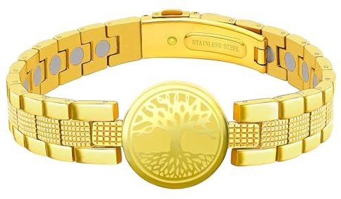 JEROOT Magnetarmband Damen Titanstahl Baum Lebensbaum Weltenbaum Gold Magnetarmband Herren mit Ultra-Stärke von 6000 Gauss-Magneten, verstellbares