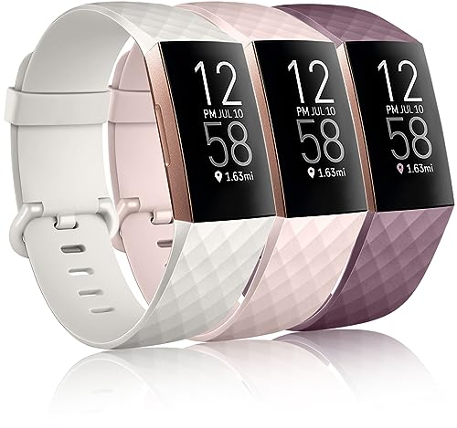 Dirrelo 3 Pack Armbänder Kompatibel mit Fitbit Charge 3/Fitbit Charge 4/Charge 3 SE Armband für Damen und Herren, Sport Verstellbares Ersatzarmband Silikon Uhrenarmband, Lila+Sand Pulver+Aprikose,S
