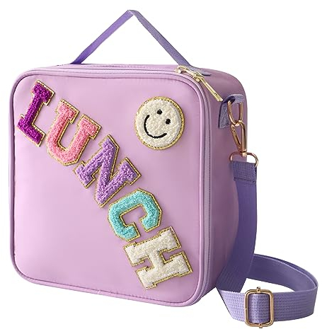 Insulated Lunch Bag With Adjustable Shoulder Strap, Nylon Preppy Lunch Box Large Insulated Lunch Bag Reusable Lunch Tote Bag with Smiley Preppy LunchBag for Girls School Travel Picnic (Purple)
