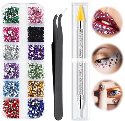 Rhinestones for Nails, 1500 PCS Nail Glitter Gems, Nail Decals with Pick Up Tweezers, Rhinestone Picker Dotting Pen for Nail Gems Stones Crystals, Ideal for DIY Nail Art Crafts (12 Color)