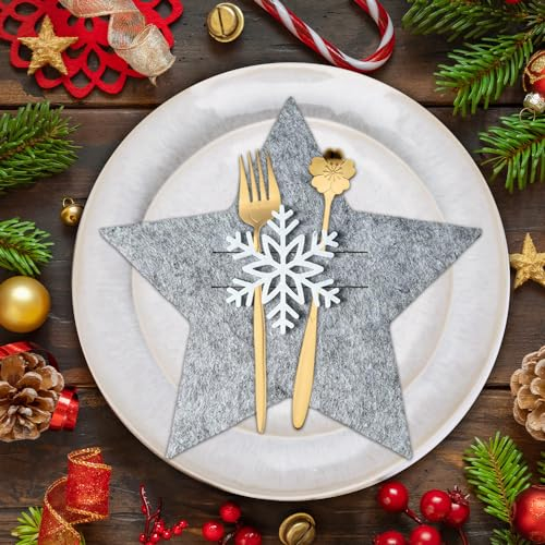mizikuu Porta Cubiertos Navideños, 12 Piezas Bolsita para Cubiertos de Navidad de Fieltro Titulares de Cubiertos Estrella Bolsas para Cubiertos Soporte para Cubiertos Decoración Mesa de Navidad, Gris