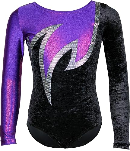 GymStern Turnanzug Java Spezial Samt - Stretch-Material langarm Gymnastikanzug Turnbody langärmlich, Größe:134/140, Farbe:Samt Schwarz - Lila & Silber