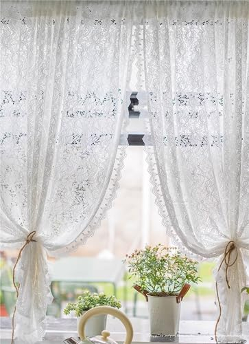 Yaland Jacquard Scheibengardine Landhausstil mit Blumenmuster Spitzenoptik durchscheinende Gardine mit Kräuselband in Küche, Wohnzummer 1 Stück HxB 120x140cm