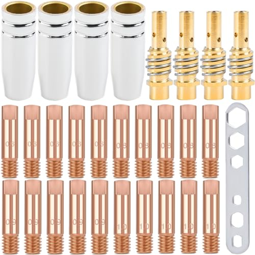 EATBALE MIG/MAG Verschleißteile Schweißzubehör für MB15 15AK MIG/MAG Schweißbrenner, 4 x Gasdüse | 4 x Düsenstock | 20 x Stromdüse M6 0,6mm 0,8mm 1,0mm 1,2mm | 1 x Werkzeug (29 Stück)