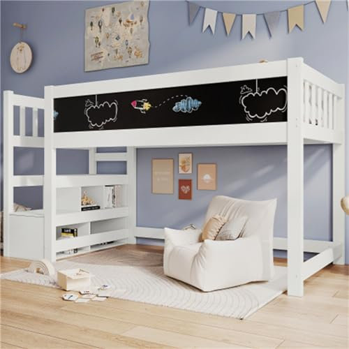 Tcewhhy Cama Alta 90x200 Cm con Almacenaje Y Protección contra Caídas Cama Infantil con Pizarra Blanca Y Pizarra Cama Juvenil para Niños Y Jóvenes Madera Maciza De Pino Somier De Láminas Blanco