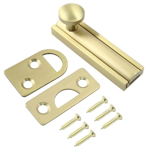 Luomorgo 1 Pack Solid Brass 2 Inch Surface Bolt, Brushed Gold Slide Latch Door Lock Bolt, Heavy Duty French Door Lock for Recessed Doors, Flush Gates