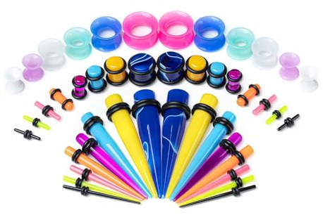 vogem 50 Stück Dehnstäbe Set 14G-00G Acryl Ohr Expander Plug/Tapers und Flesh Silikon Ohr Tunnel Piercing Set Damen Herren(Bunt)