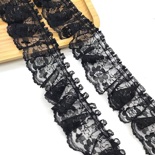 LIANCHEN 5 Yards 6cm Breite Rüschen-Borte Blumen Pleated Tulle Lace Fabric | Plissee Tüll Spitzenstoff Spitzen-Blumen Dekoband Schwarz Spitzenbesatz Rüschen für Nähen, Handwerk, Halloween