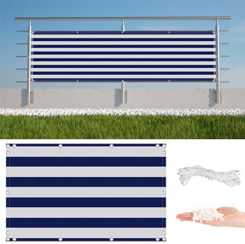 AYLFBFU Sichtschutz Balkon 1.5 x 12m UV-beständig Wetterfest Windschutz, Garten Sichtschutz für Terrasse Garten Zaun, mit Ösen und Kabelbinder, Blau Gestreift