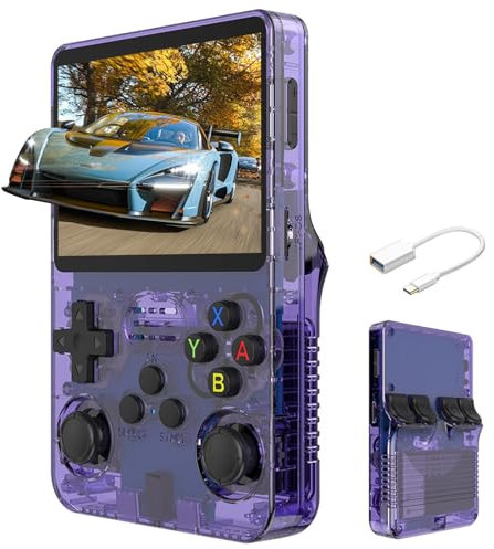 R36S - Consola de videojuegos portátil retro, pantalla IPS de 3.5 pulgadas, sistema Linux de código abierto integrado, más de 15000 juegos, tarjeta TF de 32 G + 64 G, color morado