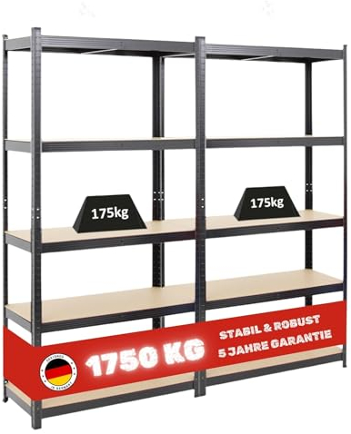 PROREGAL 2X Schwerlastregal Gorilla | HxBxT 180x90x40cm | Fachlast 175kg | Schwarz | Garagenregal Kellerregal Werkstattregal Lagerregal Steckregal