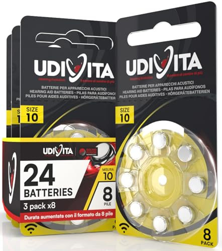 24 Hearing Aid Batteries Size 10 Udivita PR70 (Yellow) Zinc-Air Hearing Evolution with Phono Pulse Technology - 3 Blisters of 8 Batteries