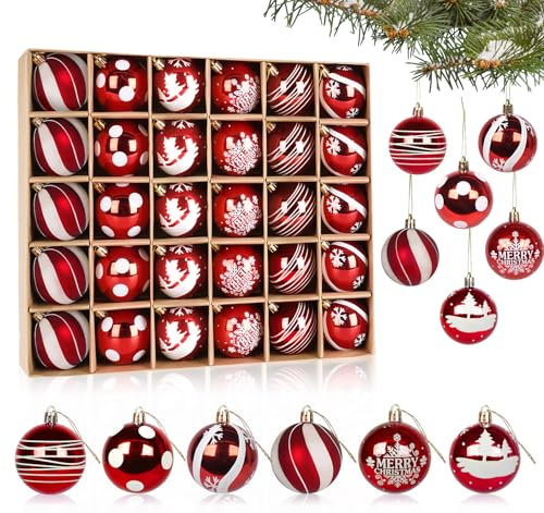 Bolas de Navidad, 30 unidades, 6 cm, plástico, bolas de Navidad, decoración navideña con decoración para árbol de Navidad, tema tradicional, rojo y blanco, bolas de árbol de Navidad, decoraciones para