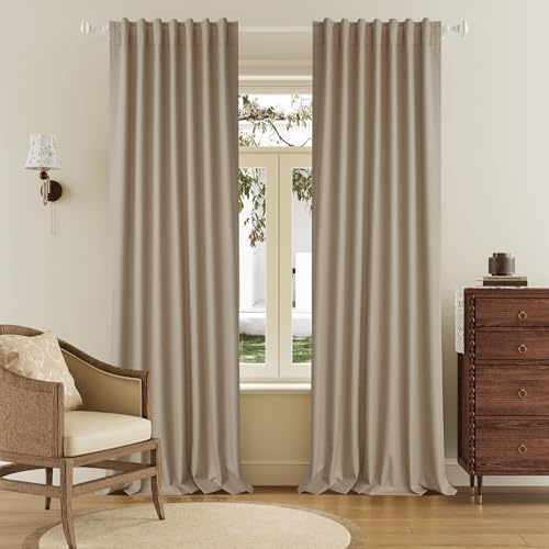 DUALIFE 244 cm Vorhänge-Set, Bauernhaus-Verdunkelung, wärmereduzierend, Sonnenschutz, für Schlafzimmer, Wohnheim, UV-blockierend, Geräuschunterdrückung, Jute-Optik, Vorhänge mit Stangentasche