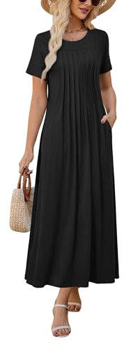 KILIG Summer Dresses for Women UK Short Sleeve Maxi Dress Ladies Pleated Long Dress with Pockets for Beach Vacation Black, XL