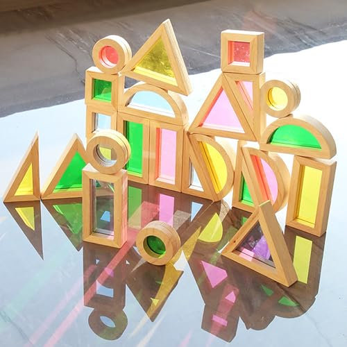 Gwezmxs Regenbogen Holzspielzeug – Holz-Acryl-Bausteine Kinder 24er-Set, Holzbausteine zur Förderung der Form- & Farberkennung, Acrylic Building Blocks
