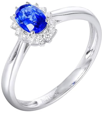 Homxi Trauring Ring Damen Weißgold 18 K, Oval mit Erstellter Saphir 0,59 Karat und Moissanit, Eheringe Verlobung Damen Ringe Blau Silber Gr. 52 (16.6)