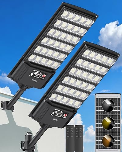 Ofuray Lampadaire Solaire Exterieur, 6AH Lumiere Solaires avec Détecteur de Mouvement, 3 Températures de Couleur 3000K/4000K/6500K, Puissant Projecteur Led Exterieur pour Jardins, Parkings, 2 Pack