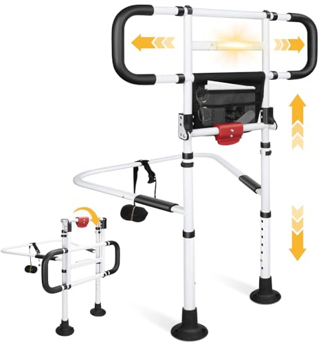 easymake Folding Bed Rail for Elderly Adults with Motion Sensor Light, Adjustable Safety Assist Handle with Secure Straps, Heavy-Duty Bedside Support, Fits Bed Frames 13.58–19.88 in