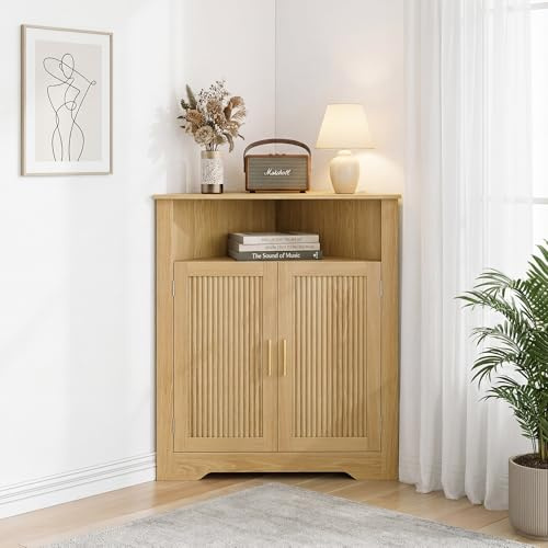 Smuxee Bathroom Corner Cabinet, Floor Corner Storage Cabinet with Fluted Door and Adjustable Shelf, Wooden Narrow Cabinet Organizer for Bathroom, Kitchen, Living Room