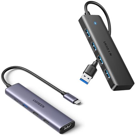 UGREEN USB C Hub, 5-in-1 USB Hub for Laptops, 4K HDMI to USB-C Adapter, 100W PD, 3 USB-A Data Ports, Aluminum Compact Multiport Adapter & UGREEN USB Hub 3.0, 4 Port with 5Gbps Data Transfer
