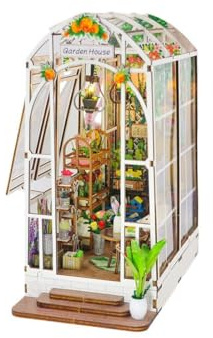 Cubertime DIY Book Nook Kit, 3D Wooden Puzzle Garden House with LED, Snap-fit Miniature Greenhouse Model, Shelf Insert Decor Gift for Adults 16+