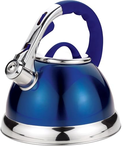 3.5L Premium Stainless Steel Whistling Kettle, Hot Water Tea Pot with Loud Whistle, Stove Tea Kettle-Surgical, Stylish Design and Easy to Clean, Cool Touch Handle (Blue & Chrome)