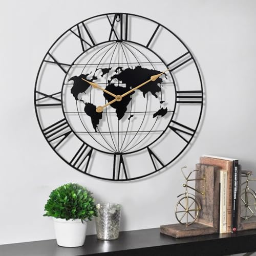 TOHOOYO Große Weltkarte-Wanduhr, Moderne Uhr, runde dekorative lautlose batteriebetriebene Wanduhr – geräuschlos, für Wohnzimmer, Flur, Küche, Schlafzimmer, Büro und Schule / 24 Zoll