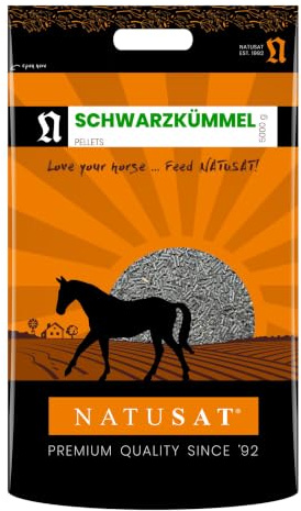 Natusat Schwarzkümmelöl Pellets 5 kg - Ergänzungsfuttermittel für Pferde, Unterstützung der Atemwege, Haut & Fell im Gleichgewicht