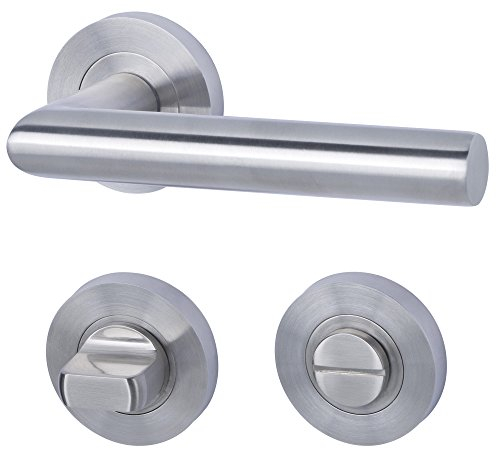 Alpertec 28024940C Solid 9-R Chrom/Edelstahlfarbig satiniert. WC für Badtüren mit Sperrriegel Drückergarnitur Türdrücker Türbeschläge Neu, für Badezimmertüren