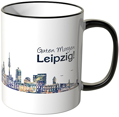 WANDKINGS® Tasse, Schriftzug Guten Morgen Leipzig! mit Skyline bei Nacht - SCHWARZ