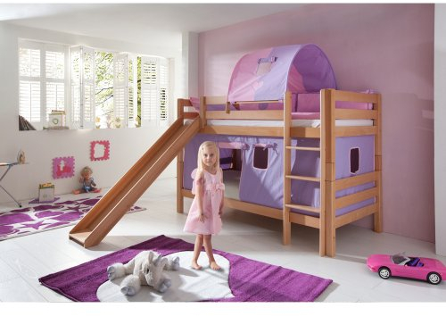 Relita Etagenbett Bill, Buche Natur massiv, mit Rutsche + Stoffset lila-rosa