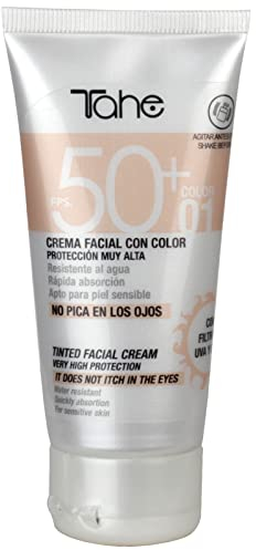 Tahe Sun Protect Crema Facial con Color y Protección Solar 50+, resistente al agua, Color Natural 01, 50 ml