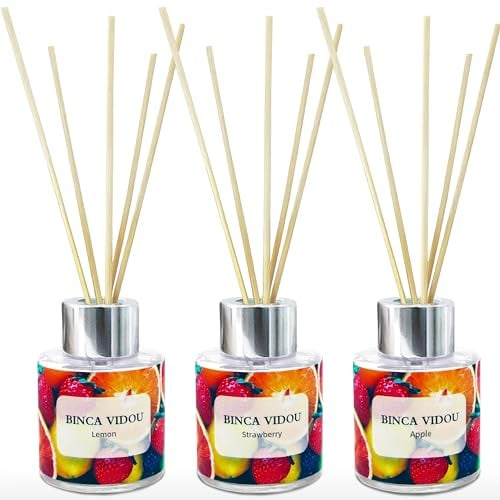 Binca Vidou Reed Diffuser 50ml Pack of 3 - Lemon Apple Strawberry Scented Oil Reed Diffuser Set with 12 Sticks - 50 Days Lasting & Strong Aroma - Home Fragrance Diffuser for Bedroom Bathroom Office