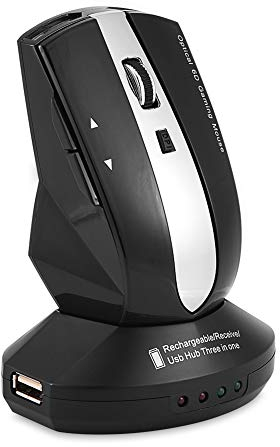 Kabellose Funkmaus, Wiederaufladbare Optische Maus, Gaming Mäuse mit Ladestation, 3 Port USB Hub, 800-1200 DPI Einstellbar, Plug and Play, für PC Laptop Tastatur