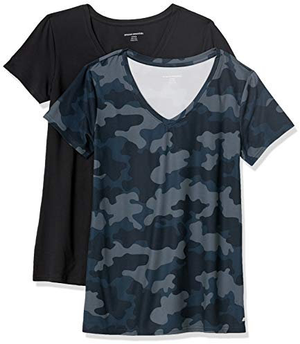 Amazon Essentials Camiseta Elástica de Secado Rápido, Manga Corta y Cuello en V (Hay Tallas Grandes) Mujer, Pack de 2, Azul Marino Camuflaje/Negro, S