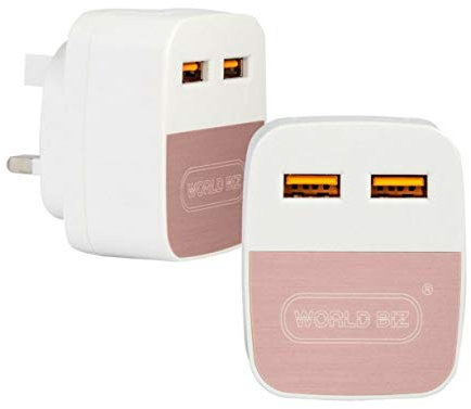 WorldBiz Dual Port CE Mains Charger USB Wall Plug For Samsung Galaxy S10 S10 Plus S9 S8 Huawei and More Phone and Tablet Kindle 8 7 6 5 Headfones, Deives NOT SUPPORTED FOR IPHONE (Rose Gold)