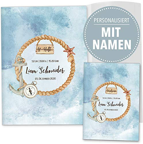 OLGS U-Heft und Impfpasshüllen Set Auf Hoher See | Untersuchungsheft Hülle & Impfpasshülle personalisierbar mit Namen und Geburtsdatum (U-Heft Set 3-teilig personalisiert, Anker)
