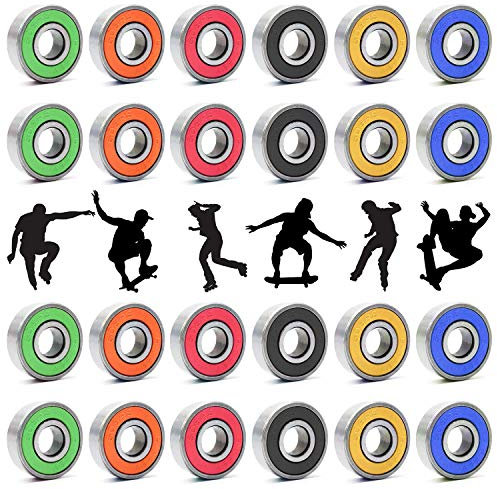 24 Stück 608RS Skateboard-Kugellager, Rollschuh-Räder, Roller, Abec-9, gummiertes Metall-Ersatzlager für Skateboards, Kick-Scooter, Rollschuhe (schwarz, blau, rot, grün, orange, gelb)