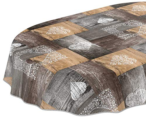 ANRO Tischdecke Wachstuch abwaschbar Wachstuchtischdecke Wachstischdecke Holz Liebe Braun Grau Oval 200x140cm mit Saum - Eingefasst
