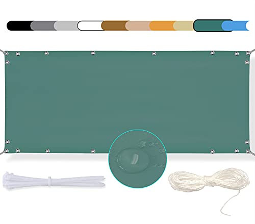 MEEYI Balkon Sichtschutz Balkonabdeckung 95x400cm Balkon seitenmarkise Balkonverkleidung Wind-und UV-Schutz Wetterfest mit Kabelbinder Ösen Seil, für Balkongeländer, Terrasse & Garten Dunkelgrün